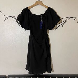 SAMPEEL - Chic Black Mini Dress with Puff Sleeves -Size M